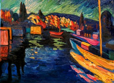 Paesaggio autunnale con barche da Wassily Kandinsky